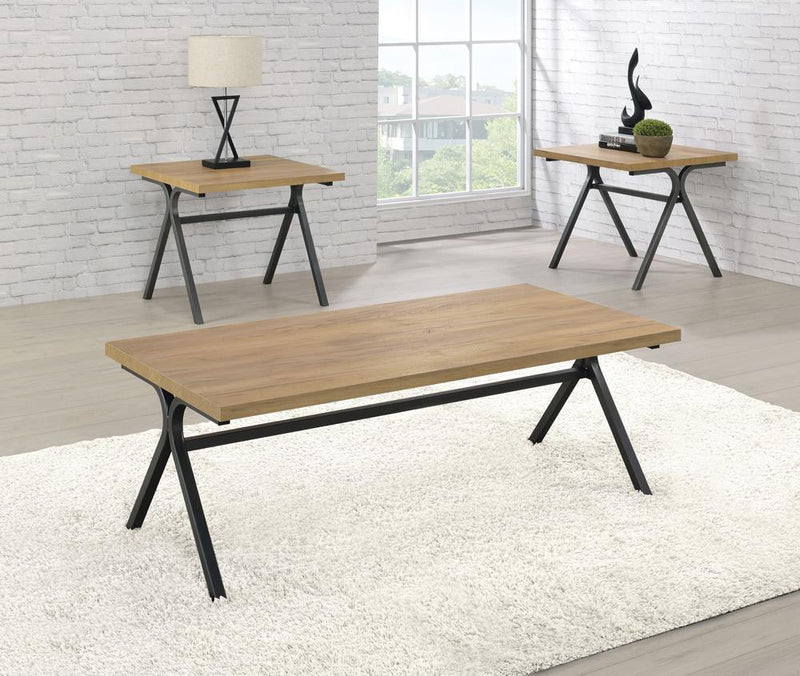 Colmar 3-piece Trestle Occasional Table Set Golden Oak and Gunmetal - 5th Ave Furniture